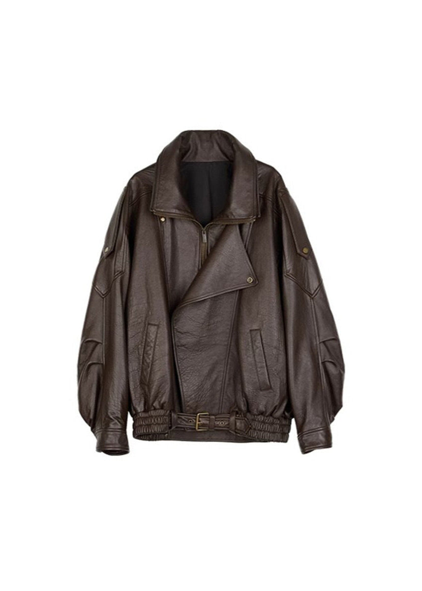 Sarah | Women’s Belted Oversized Leather Bomber Jacket