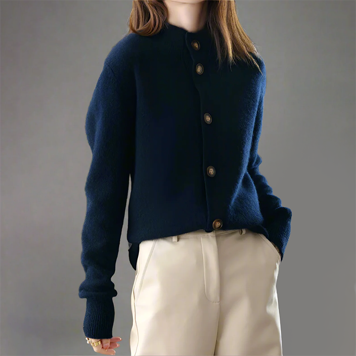 Button-Front Knit Cardigan for Women with High Collar