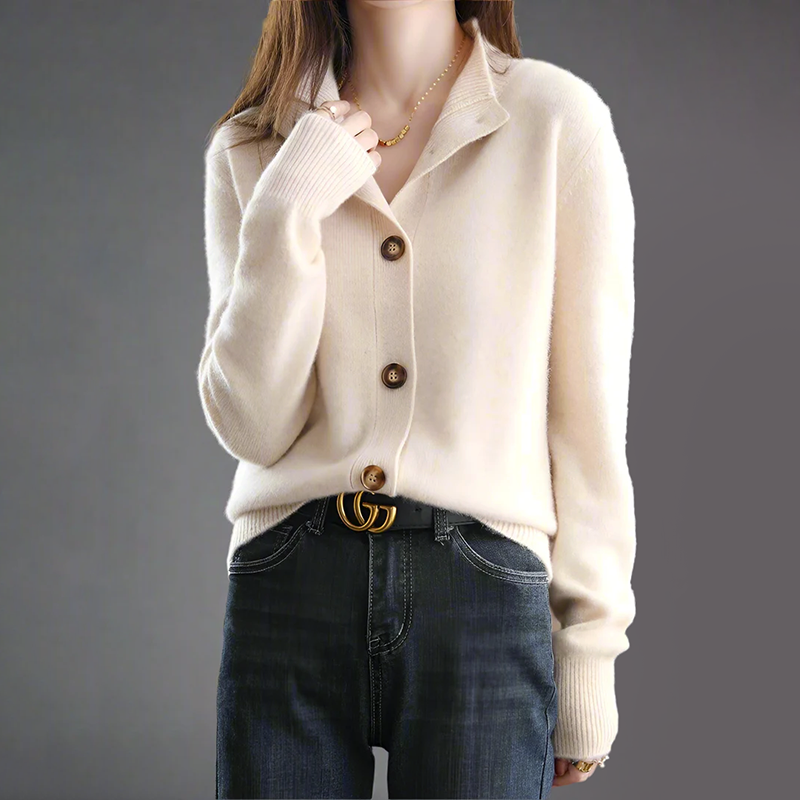 Button-Front Knit Cardigan for Women with High Collar