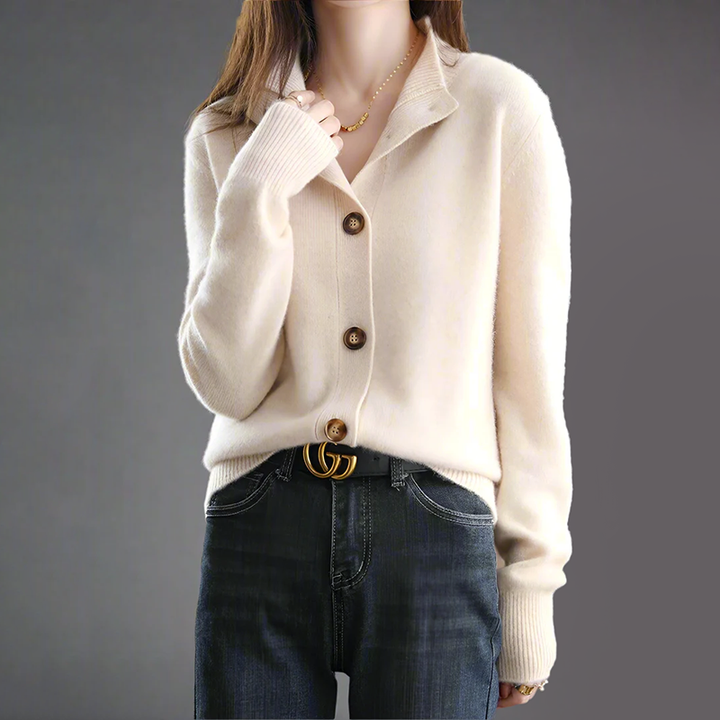 Button-Front Knit Cardigan for Women with High Collar