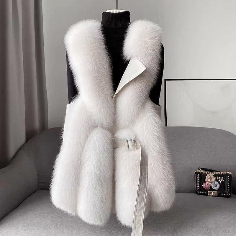 Women’s Faux Fur Vest with Belted Waist and Faux Leather Trim