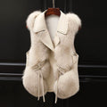 Women’s Faux Fur Vest with Lapel Collar and Waist Tie