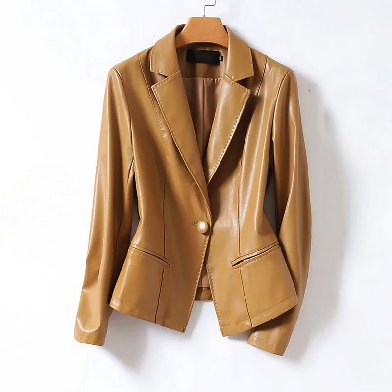 Women’s Genuine Leather One-Button Blazer Jacket