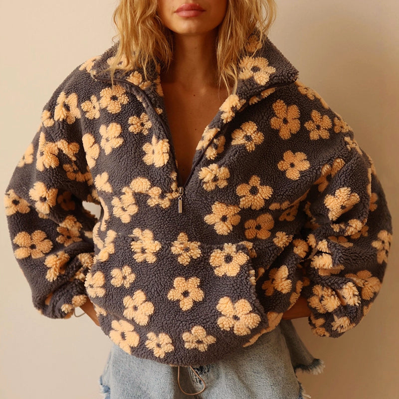Women’s Half-Zip Fleece Sweatshirt with Floral Pattern