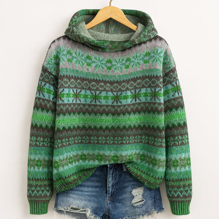 Women’s Knit Hoodie with Multicolor Pattern