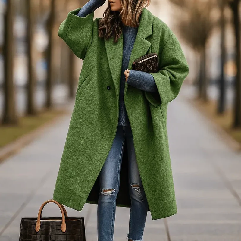 Women’s Long Coat with Wide Collar in Various Colors
