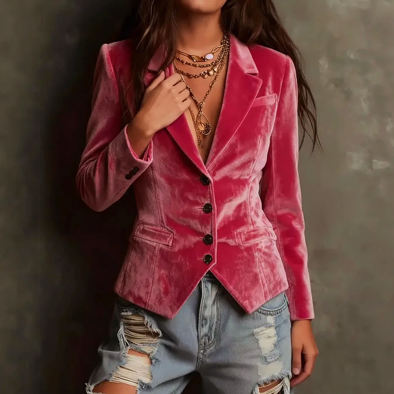 Women’s Velvet Fitted Blazer with Notched Lapel