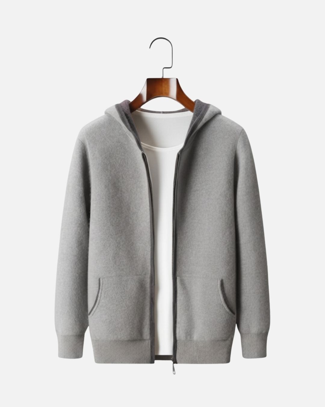 Cashmere Blend Full-Zip Hoodie Two-Tone - Gray