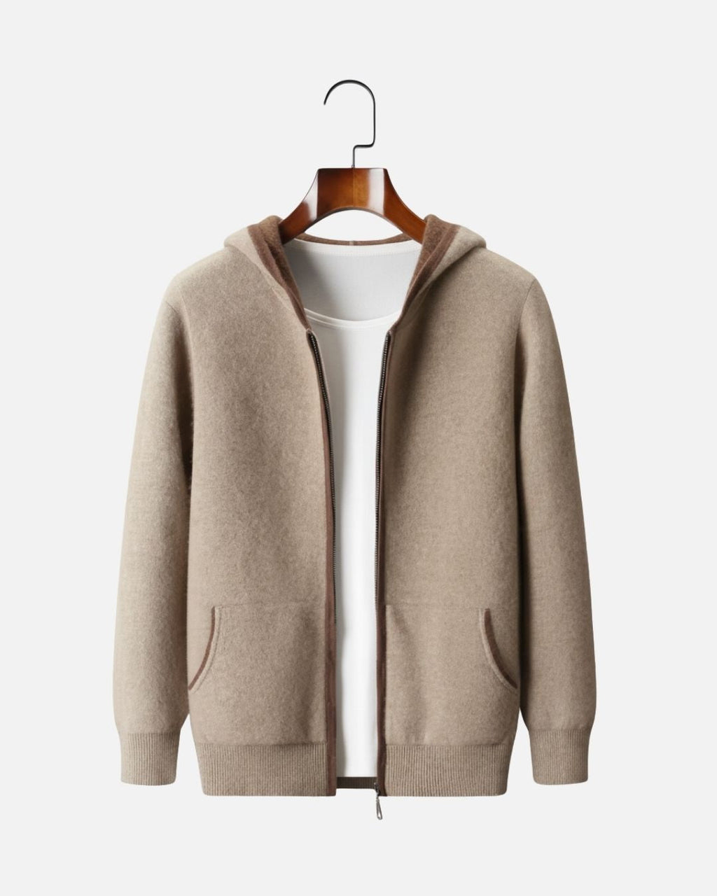 Cashmere Blend Full-Zip Hoodie Two-Tone - Mocha