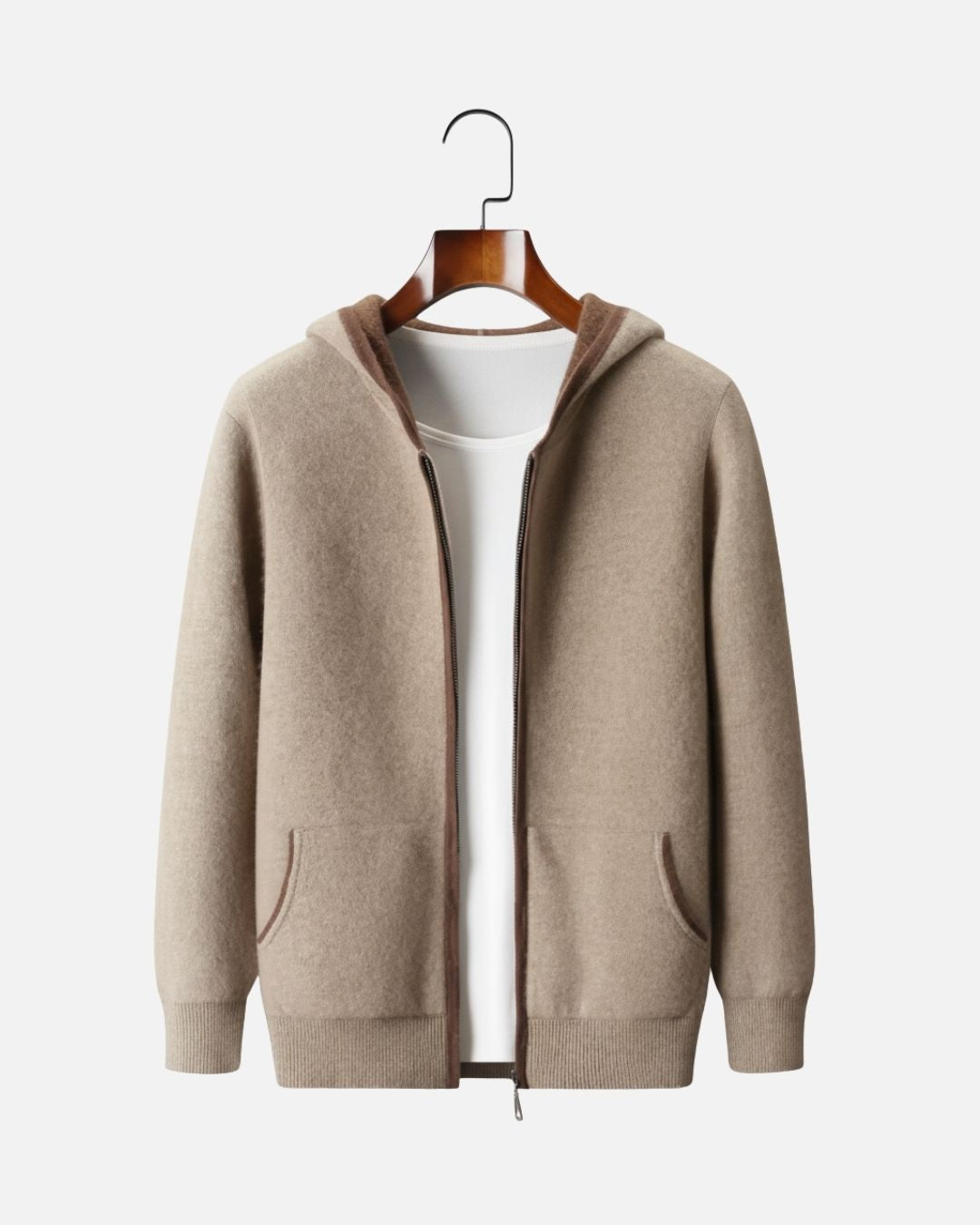 Cashmere Blend Full-Zip Hoodie Two-Tone - Mocha