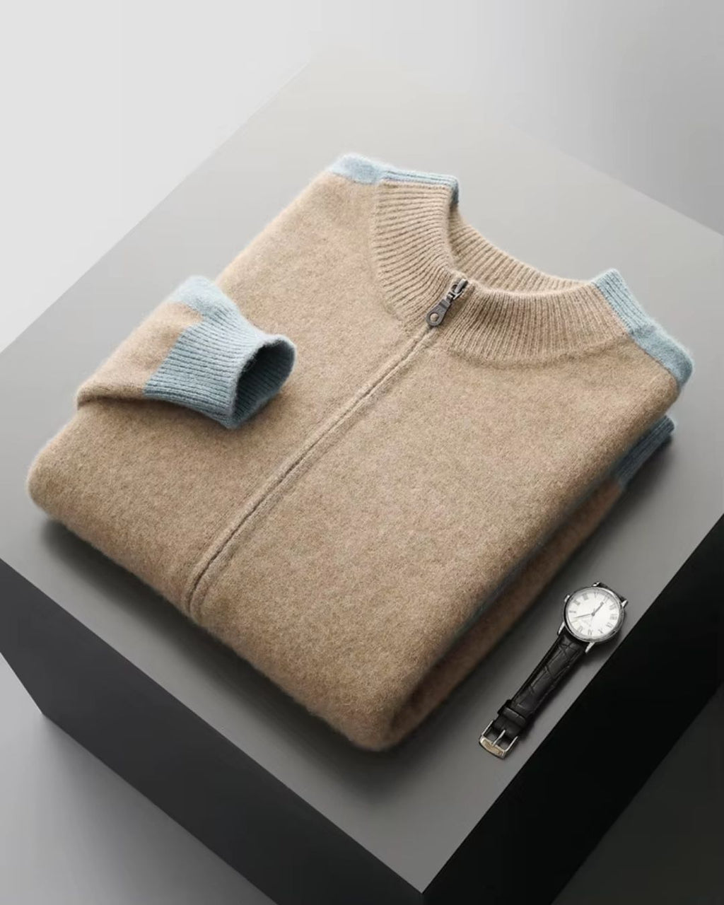 Merino Wool Full-Zip Sweater Two-Tone - Camel