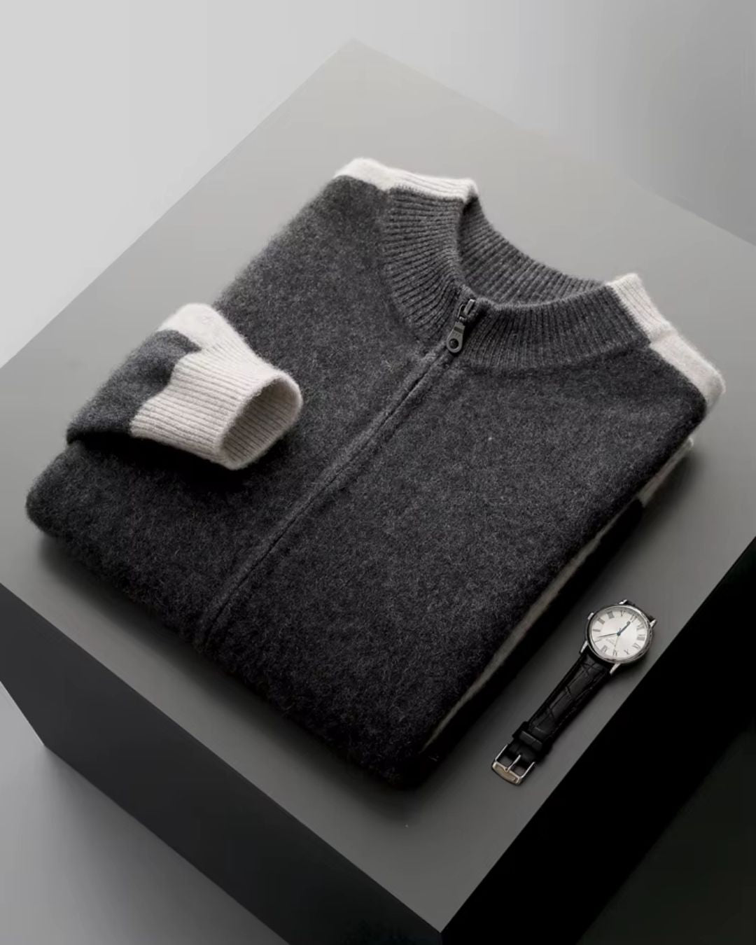 Merino Wool Full-Zip Sweater Two-Tone - Graphite