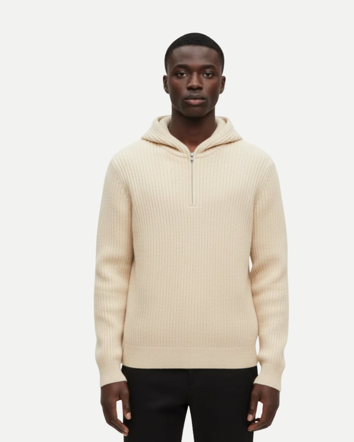 Merino Wool Half Zip Hoodie - Beige