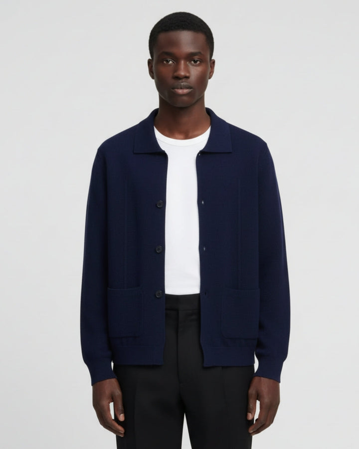 Merino Wool Overshirt with Buttons - Navy