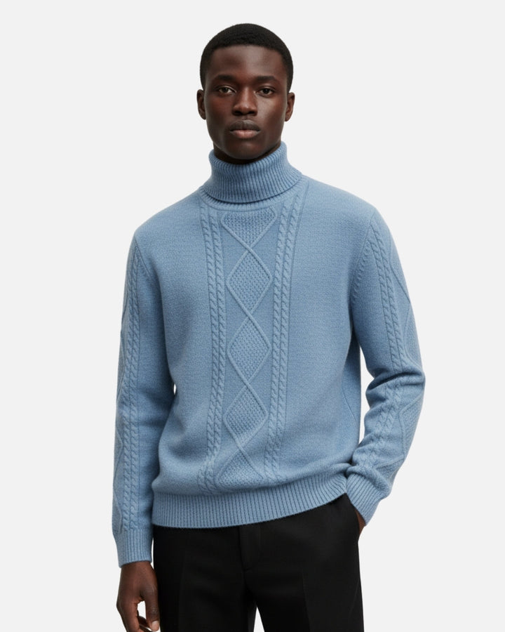 Merino Wool Sweater with Turtleneck - Sea Blue