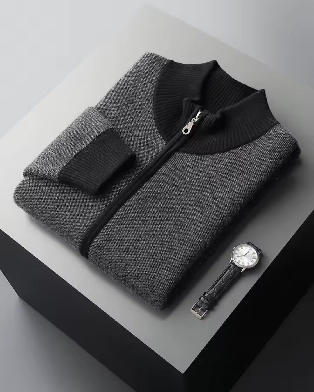 Cashmere Blend Zipper Sweater - Black