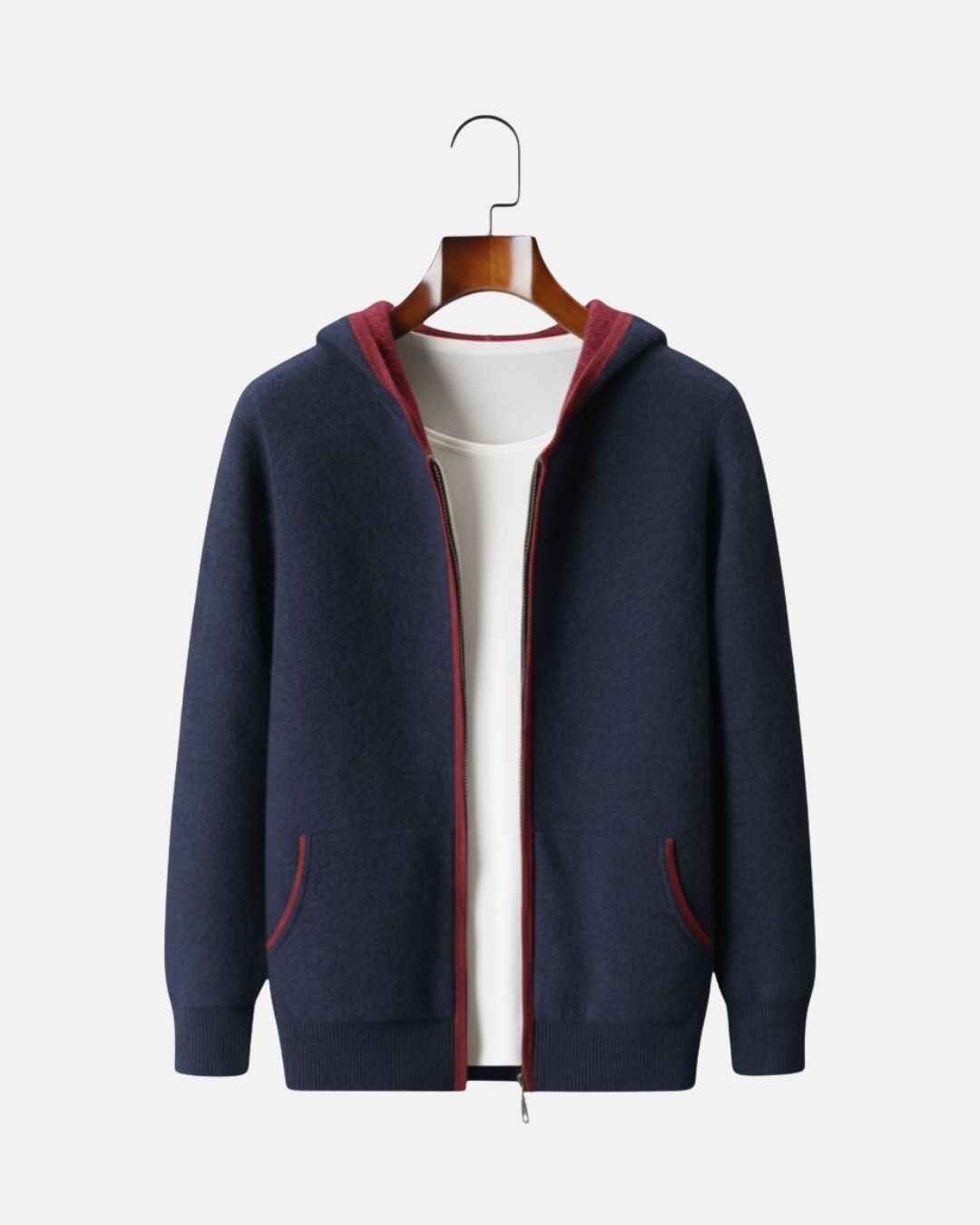 Cashmere Blend Full-Zip Hoodie Two-Tone - Navy
