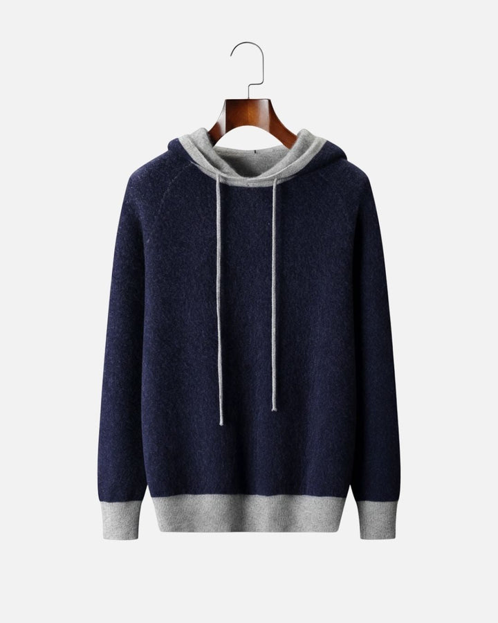 Cashmere Blend Two-Tone Hoodie - Navy