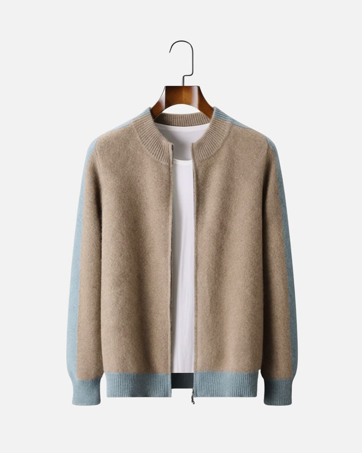 Merino Wool Full-Zip Sweater Two-Tone - Camel